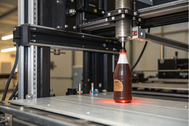 Glass bottle positioned under automated inspection machine for dimensional and quality testing.
