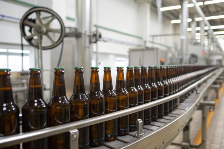 Amber beer bottles lined on conveyor in modern bottling factory production line