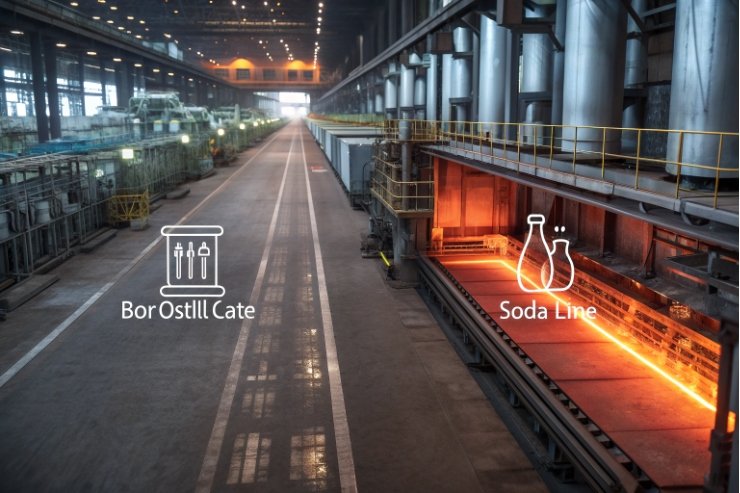 Glass factory furnace lines for borosilicate and soda-lime production with molten glow.