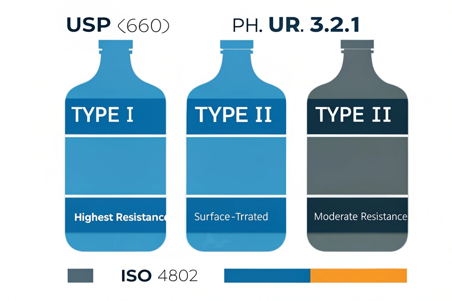 Infographic comparing Type I and Type II pharmaceutical glass resistance standards