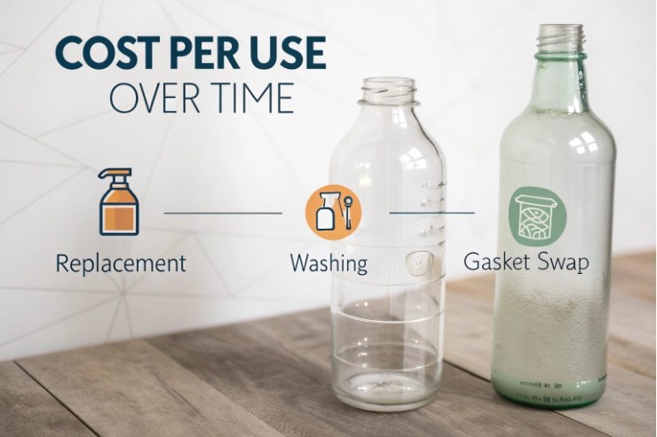 Cost per use infographic comparing reusable glass bottles with washing and gasket replacement.