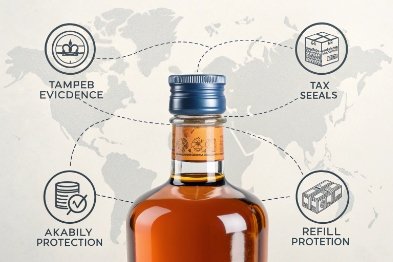 Anti-counterfeit spirits bottle neck with tamper evidence, tax seals, and refill protection