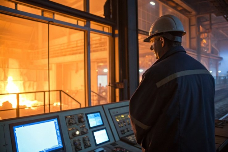 Factory operator monitoring glass furnace controls from control room platform