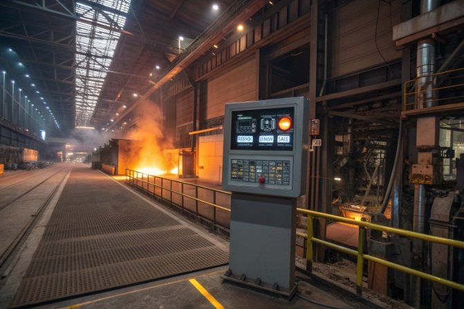 Glass manufacturing plant interior with molten furnace and digital control panel