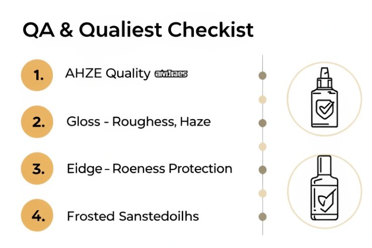 QA checklist graphic for frosted glass bottles covering haze, roughness, and edge protection