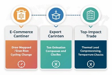Packaging workflow infographic for e-commerce container, export carton, and top-impact trade tests