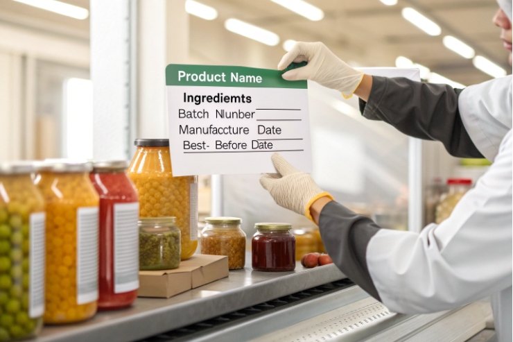 Quality inspector holding product label template near glass food jars on packaging line