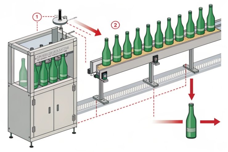 Packaging diagram showing automated system for bottle labeling and sorting