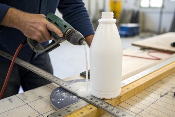 Technician drilling white bottle prototype on workbench for packaging development