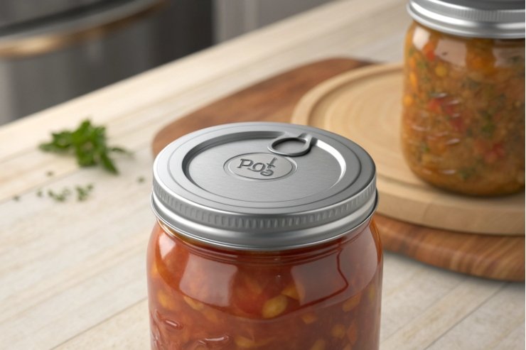 Close-up of sealed glass jar with easy-open metal lid for preserved food