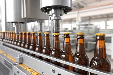 Amber bottles under capping head on automated bottling line in beverage factory