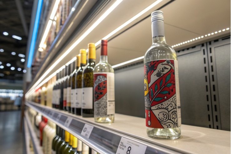 Colorful labeled white wine bottle standing forward on supermarket shelf