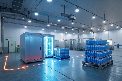 Climate controlled warehouse storing palletized blue glass bottles for bulk shipment