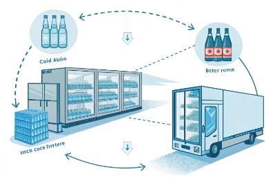 Cold chain logistics diagram showing bottled beverages transported in refrigerated storage