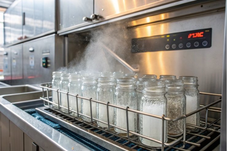 Empty glass jars in industrial washer with steam for sanitizing before filling