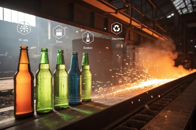 Colored glass bottles at hot end line with sparks, recycle and quality icons