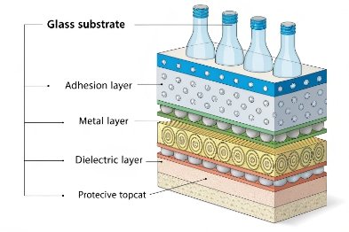 Layered coating cross-section showing glass substrate, adhesion, metal, dielectric, and protective topcoat