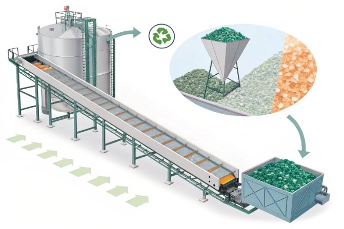 Glass recycling system with conveyor feeding cullet into storage bins for remelt production.
