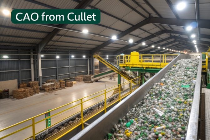 Cullet conveyor line feeding recycled glass to increase CaO content in batch.