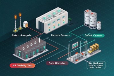 Smart factory diagram showing sensors, defect cameras, and bottle data dashboard