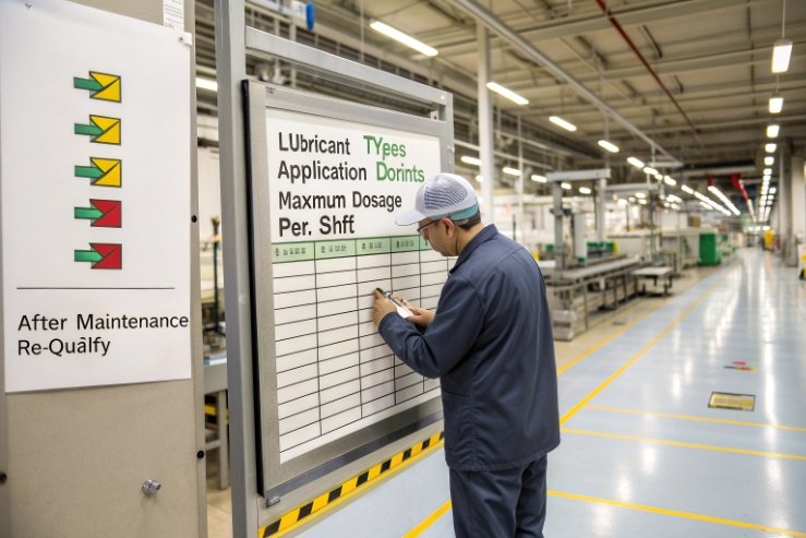 Factory operator recording lubricant application and maximum dosage on production floor quality board