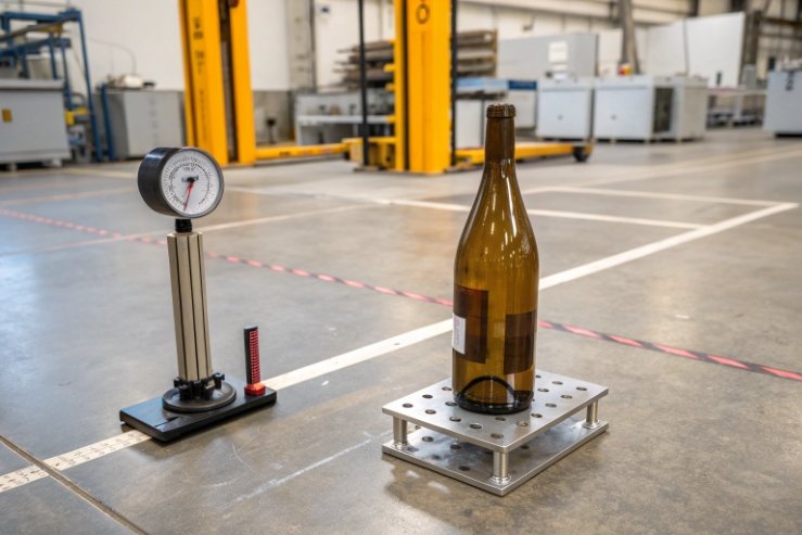 Amber glass bottle placed on pressure test fixture beside dial gauge in factory