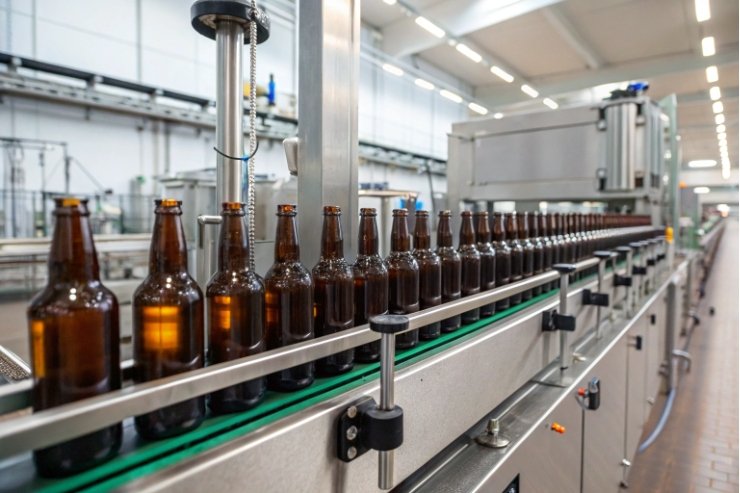 Amber beer glass bottles move along automated filling line conveyor in modern brewery.