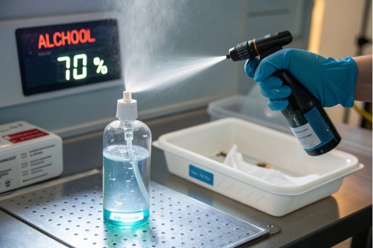 Gloved hand sprays alcohol sanitizer from spray bottle for disinfection test station.