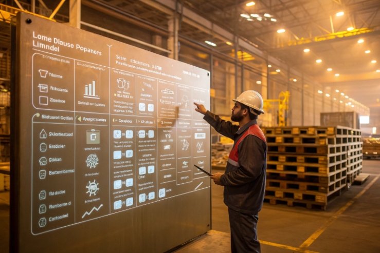 Factory worker reviewing production metrics dashboard near pallets in glass bottle logistics area