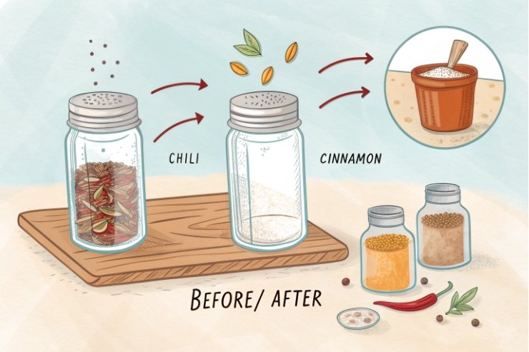 Illustration showing refilling glass spice shakers for chili and cinnamon after use