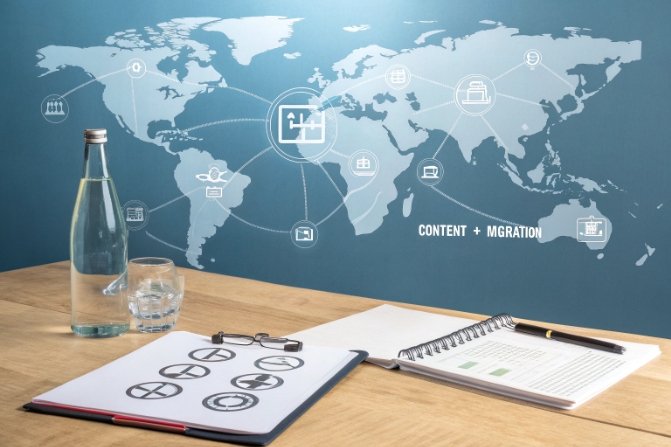 Global compliance concept with glass bottle, paperwork and world map content migration tracking