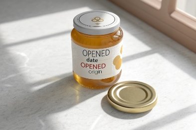 Small honey jar labeled opened date with lid off on countertop in sunlight