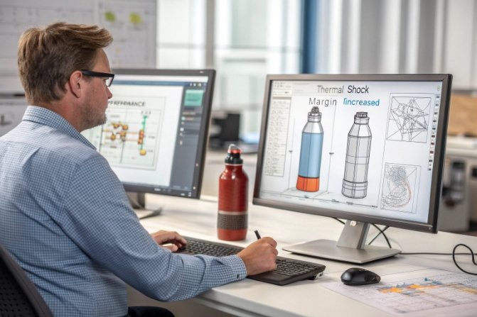 Engineer modeling bottle design on computer showing increased thermal shock margin simulation