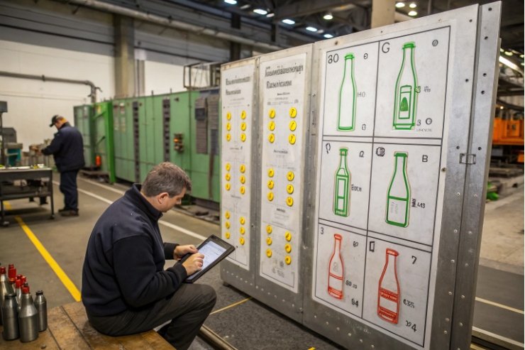Engineer using tablet to monitor glass bottle production settings on factory control panel