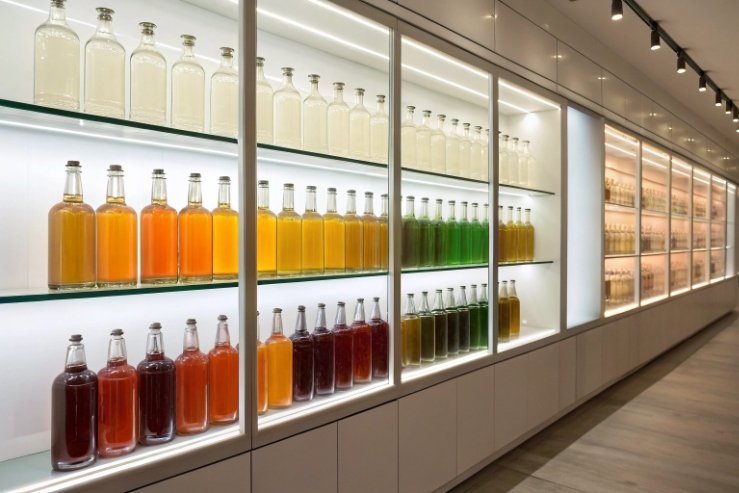 Shelves of assorted juice glass bottles showing color variety in showroom