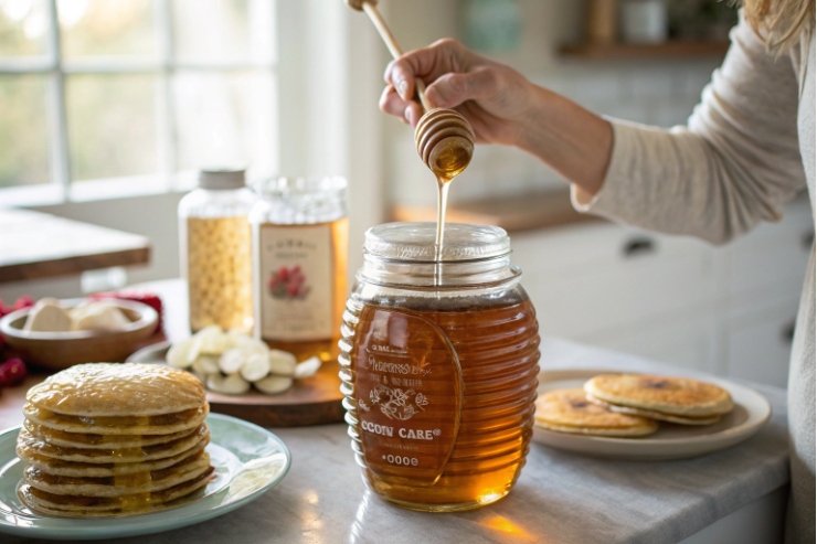 Woman drizzling honey from glass jar over pancakes in bright kitchen
