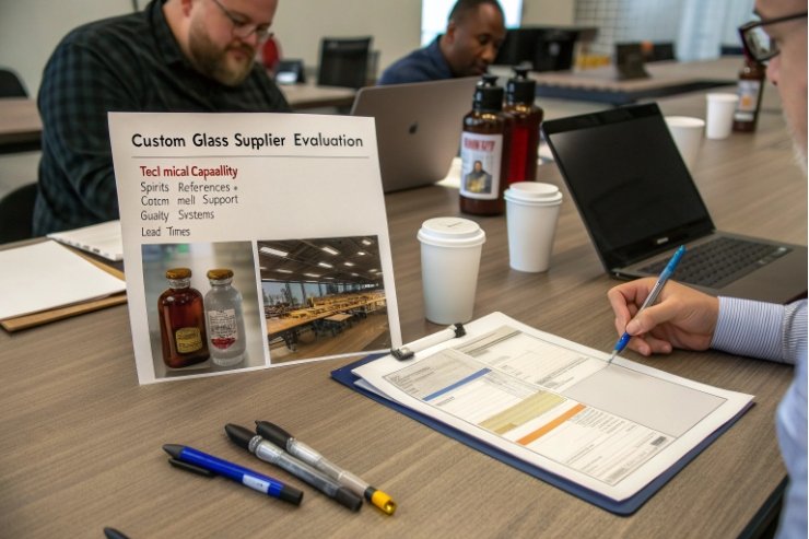 Team reviewing custom glass supplier evaluation documents in meeting room
