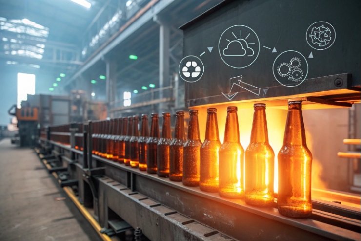 Hot glass bottles moving on factory conveyor line with sustainability icons in production area