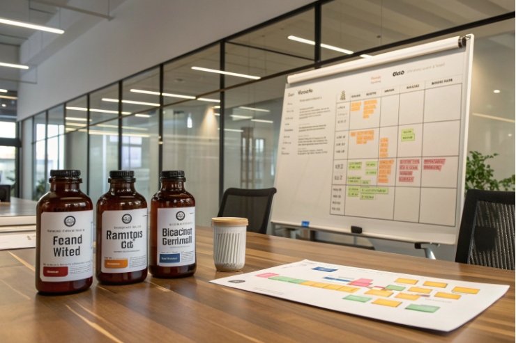 Amber pharmaceutical bottles beside whiteboard schedule in meeting room for project planning.