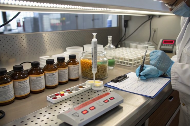 Quality lab technician records tests with amber bottles, tablets, and dosing syringe.