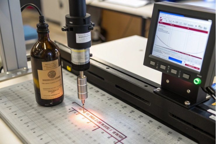 Laser probe measures bottle surface on inspection table with QC monitor display.