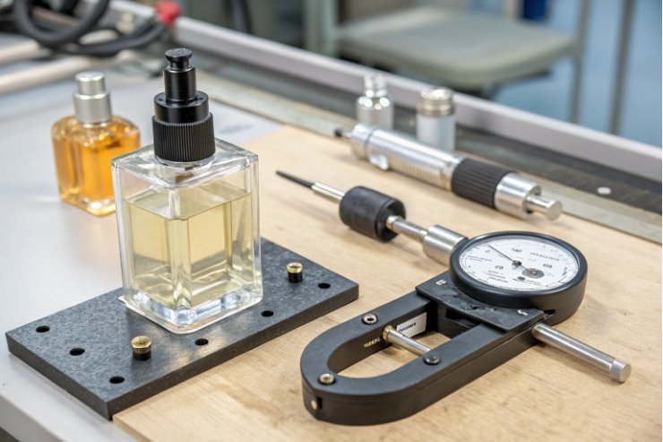 Square glass perfume bottle measured with dial gauge tools for quality control.