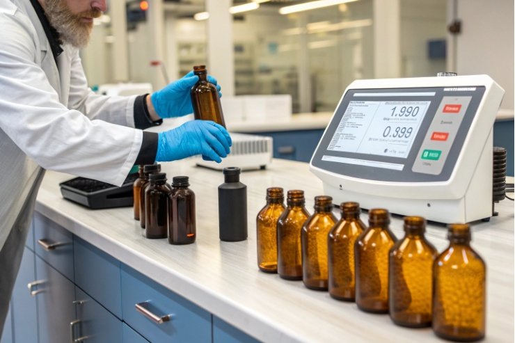 Quality inspector checking amber glass bottles in laboratory with digital measurement system