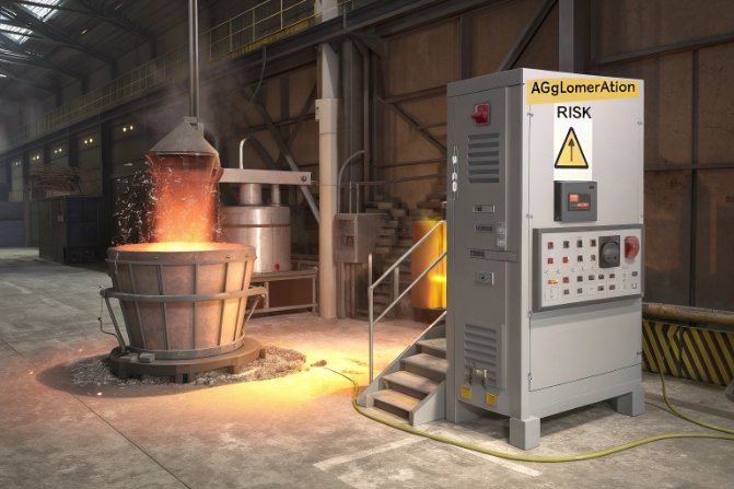 Glass furnace area with molten pour and control cabinet warning agglomeration risk