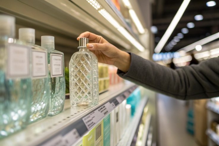 Hand choosing patterned clear glass bottle from retail shelf display in store aisle