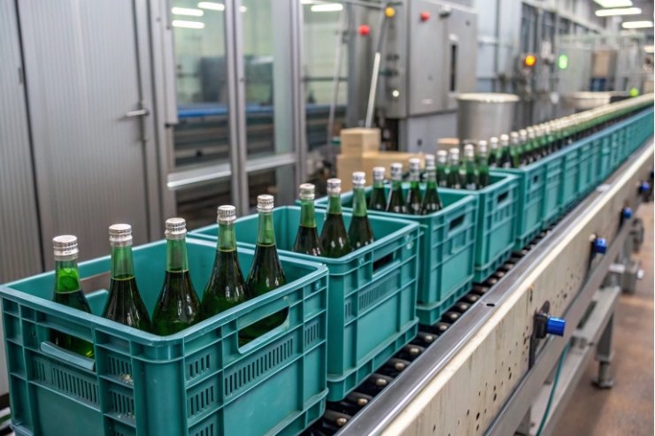 Green champagne bottles in plastic crates moving along automated conveyor line.