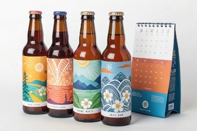 Four craft beer bottles with colorful labels beside matching retail carton package