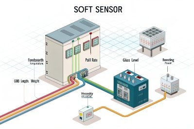 Soft sensor system diagram monitoring forehearth temperature gob weight and glass level