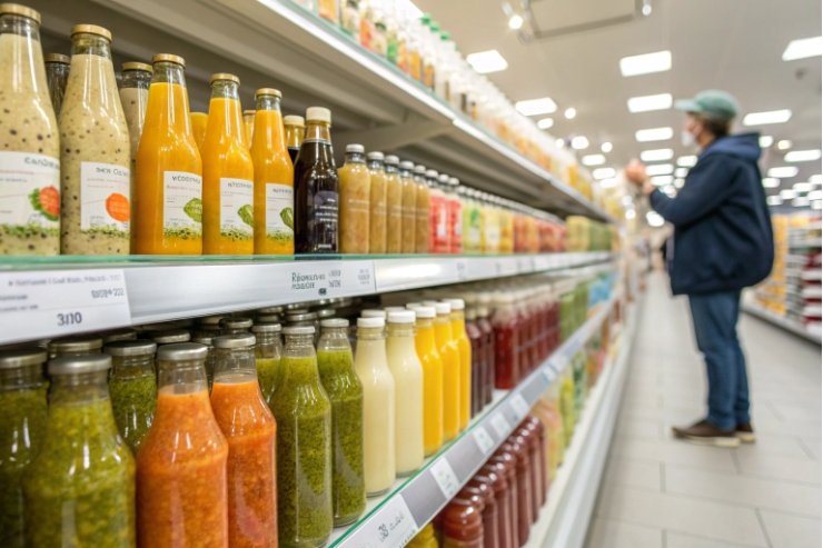 Shopper in grocery store browsing refrigerated shelf of colorful glass juice bottles