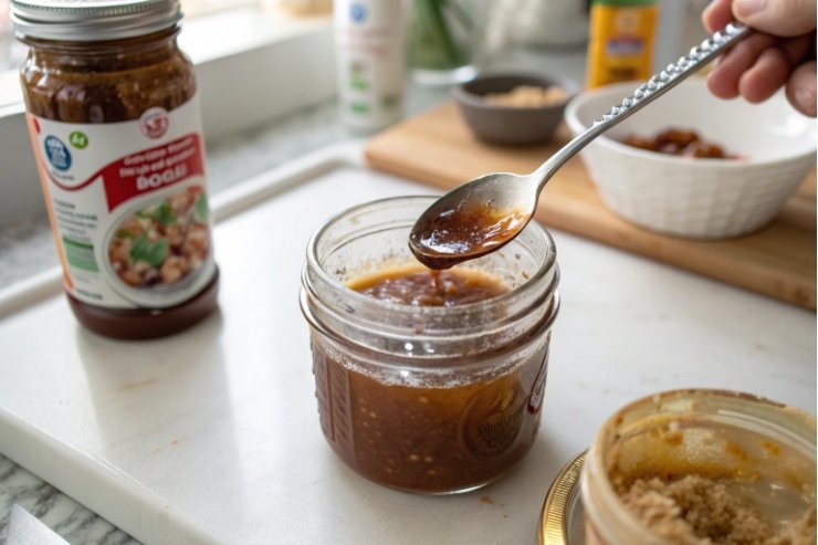 Open glass sauce jar with spoonful on kitchen counter, food packaging use.